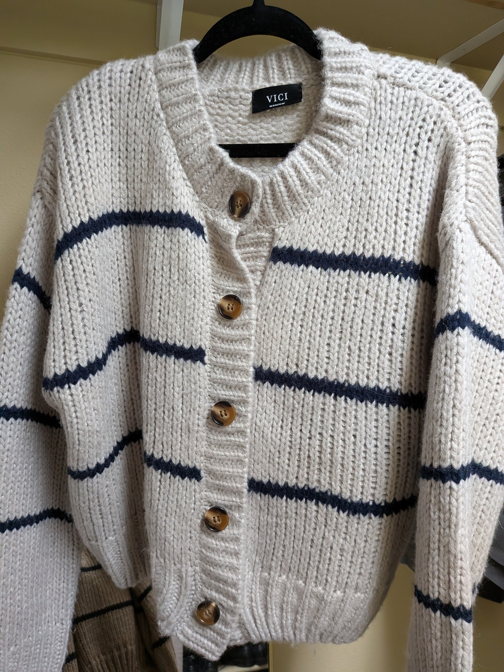 VICI Cream Cardigan with Navy Stripe Buttons